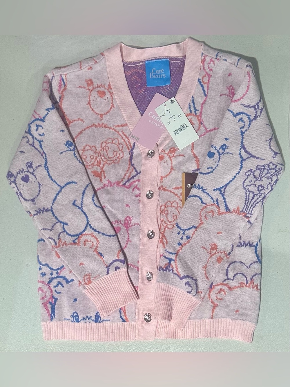 Care Bears Pink Multicolor Patterned V-Neck Button Sweater
